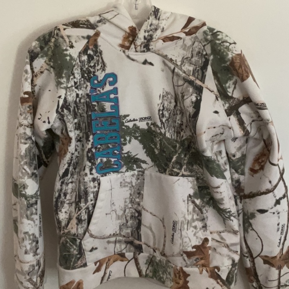 Cabela's White Camouflage Hoodie with Blue Logo